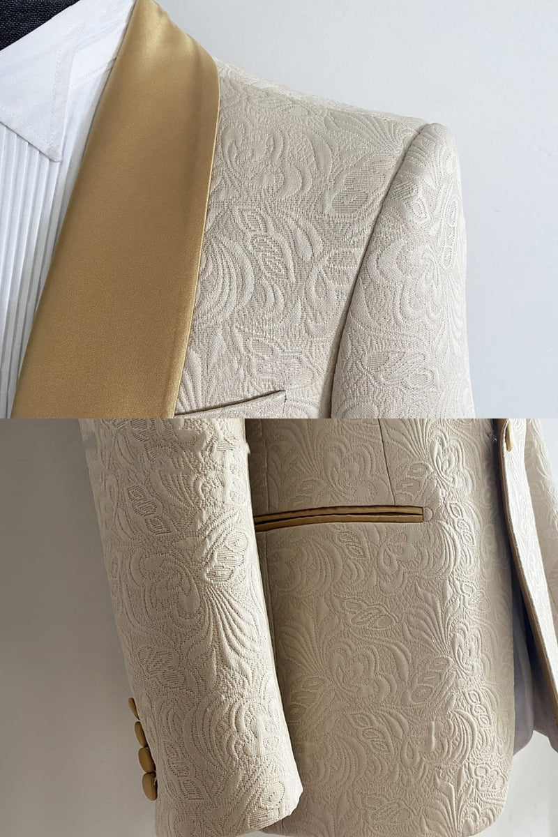 Laden Sie das Bild in den Galerie-Viewer, 2-teilige Champagner-Jacquard-Schal-Revers-Männeranzüge