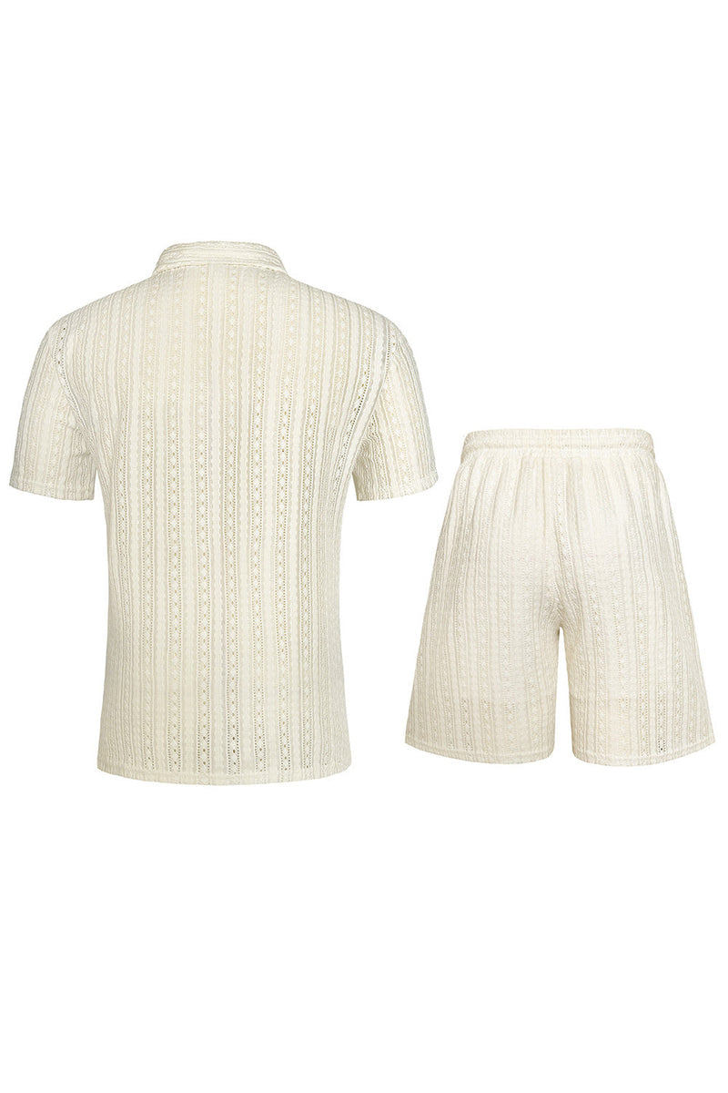 Laden Sie das Bild in den Galerie-Viewer, Herren zweiteilige Strick-Sommer-Outfits, legeres Kurzärmel-Hemd mit kubanischem Kragen und Shorts-Set