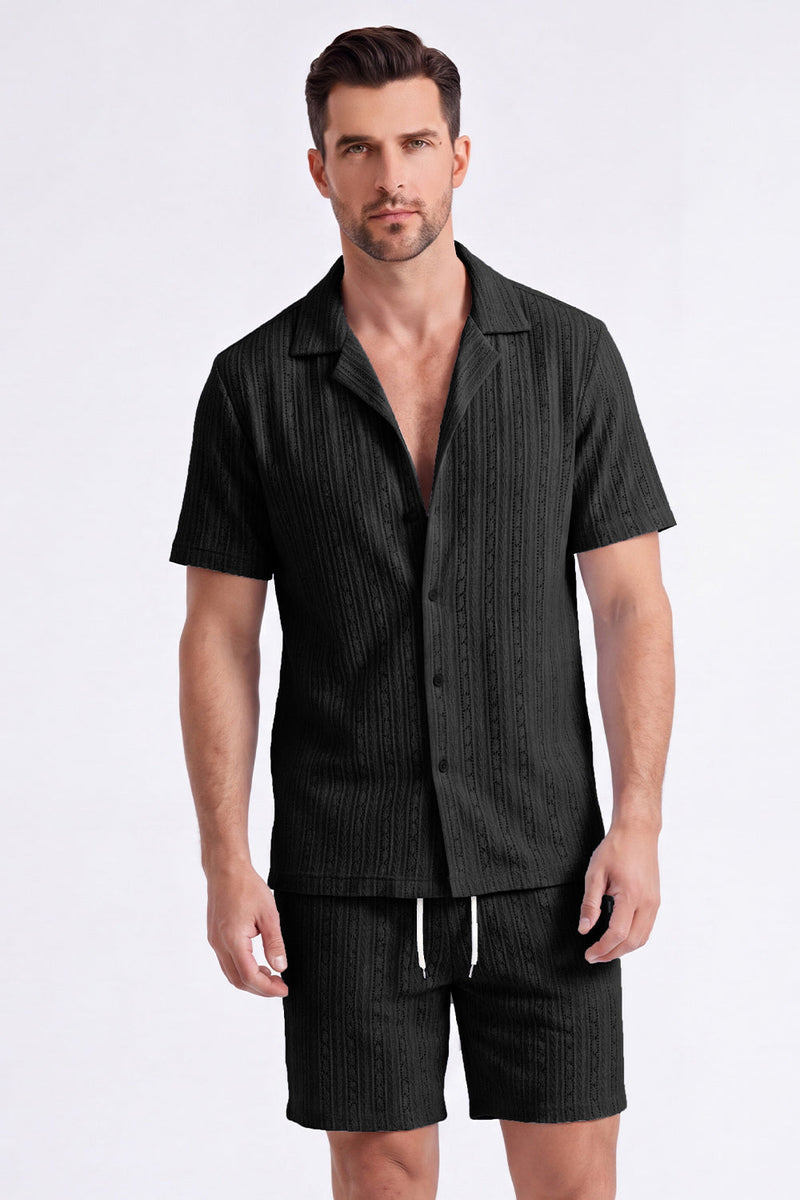 Laden Sie das Bild in den Galerie-Viewer, Herren zweiteilige Strick-Sommer-Outfits, legeres Kurzärmel-Hemd mit kubanischem Kragen und Shorts-Set