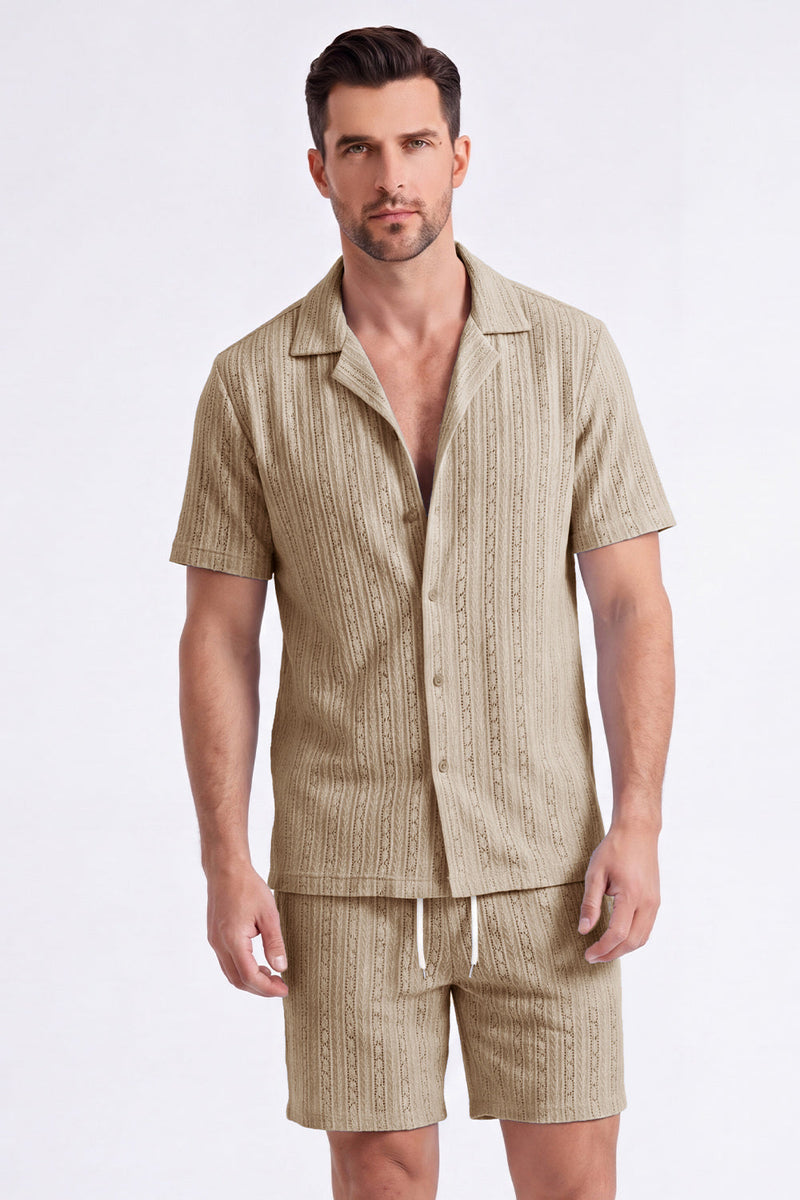 Laden Sie das Bild in den Galerie-Viewer, Herren zweiteilige Strick-Sommer-Outfits, legeres Kurzärmel-Hemd mit kubanischem Kragen und Shorts-Set