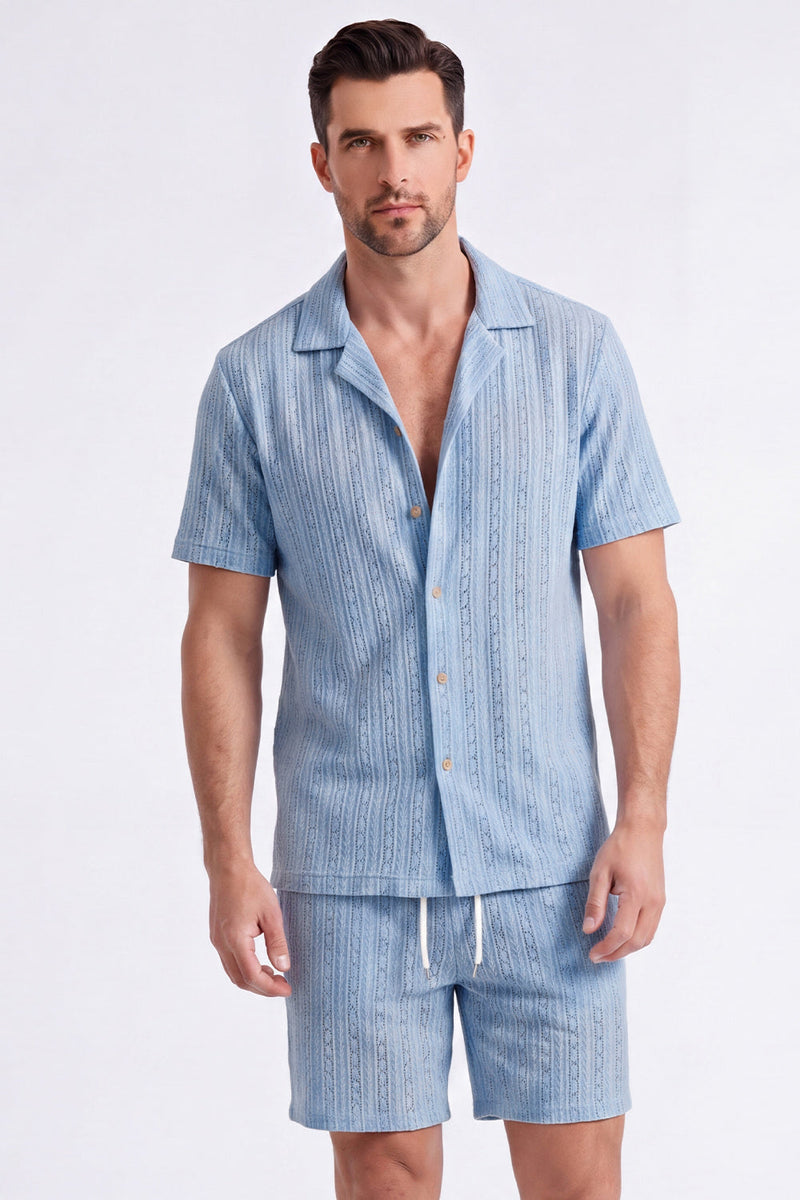 Laden Sie das Bild in den Galerie-Viewer, Herren zweiteilige Strick-Sommer-Outfits, legeres Kurzärmel-Hemd mit kubanischem Kragen und Shorts-Set