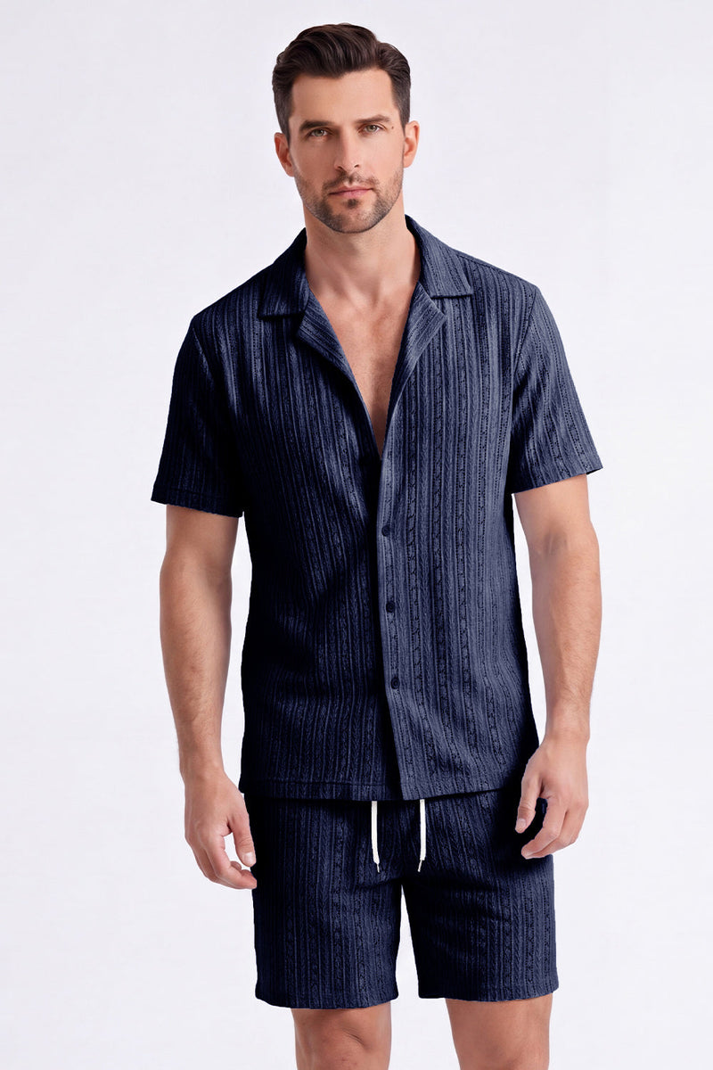 Laden Sie das Bild in den Galerie-Viewer, Herren zweiteilige Strick-Sommer-Outfits, legeres Kurzärmel-Hemd mit kubanischem Kragen und Shorts-Set