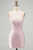 Laden Sie das Bild in den Galerie-Viewer, Rosa Bodycon Halter Perlen Rückenloses Korsett Kurzes Homecoming-Kleid mit Perlen