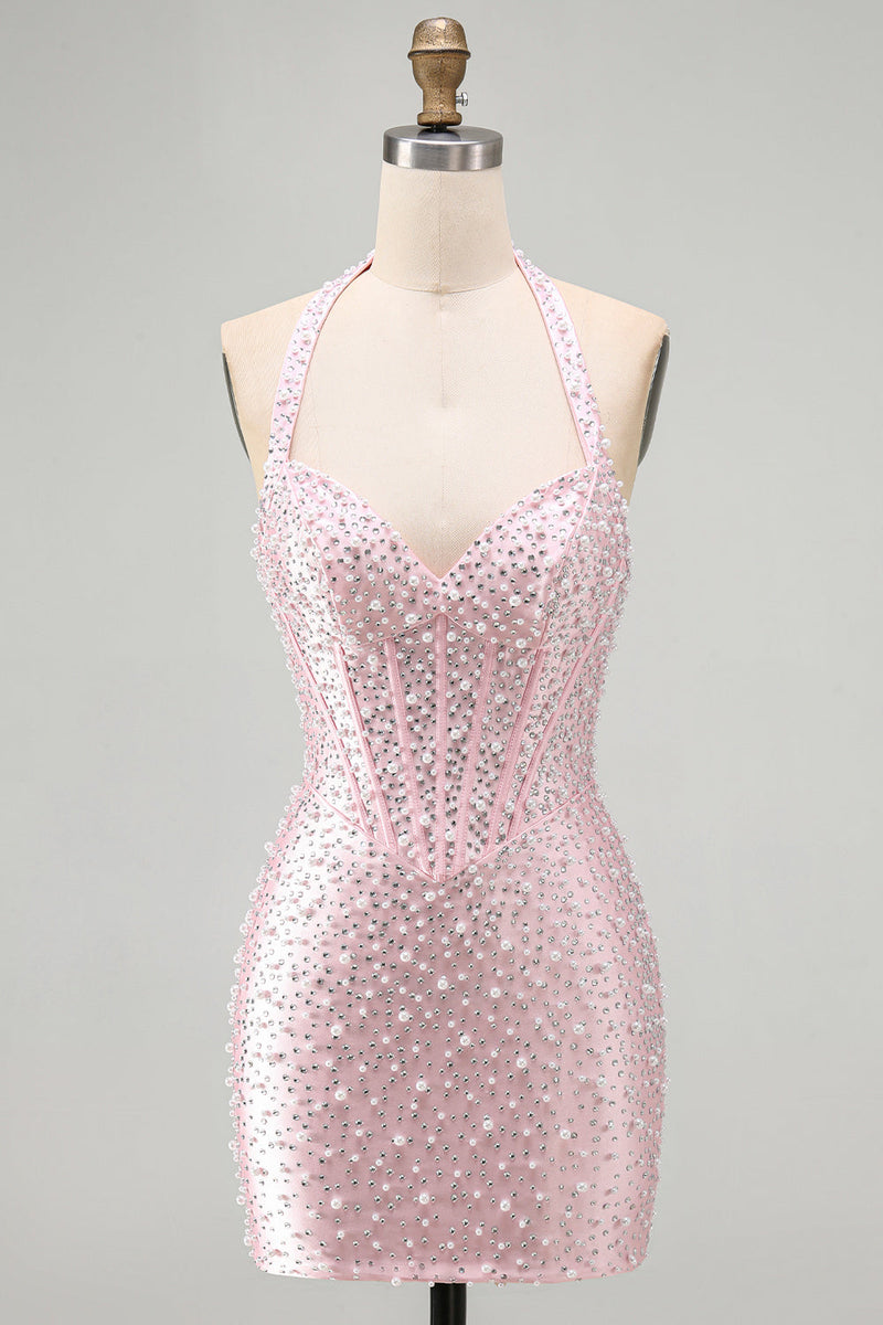 Laden Sie das Bild in den Galerie-Viewer, Rosa Bodycon Halter Perlen Rückenloses Korsett Kurzes Homecoming-Kleid mit Perlen