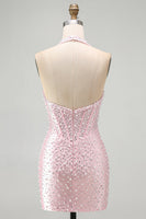 Laden Sie das Bild in den Galerie-Viewer, Rosa Bodycon Halter Perlen Rückenloses Korsett Kurzes Homecoming-Kleid mit Perlen