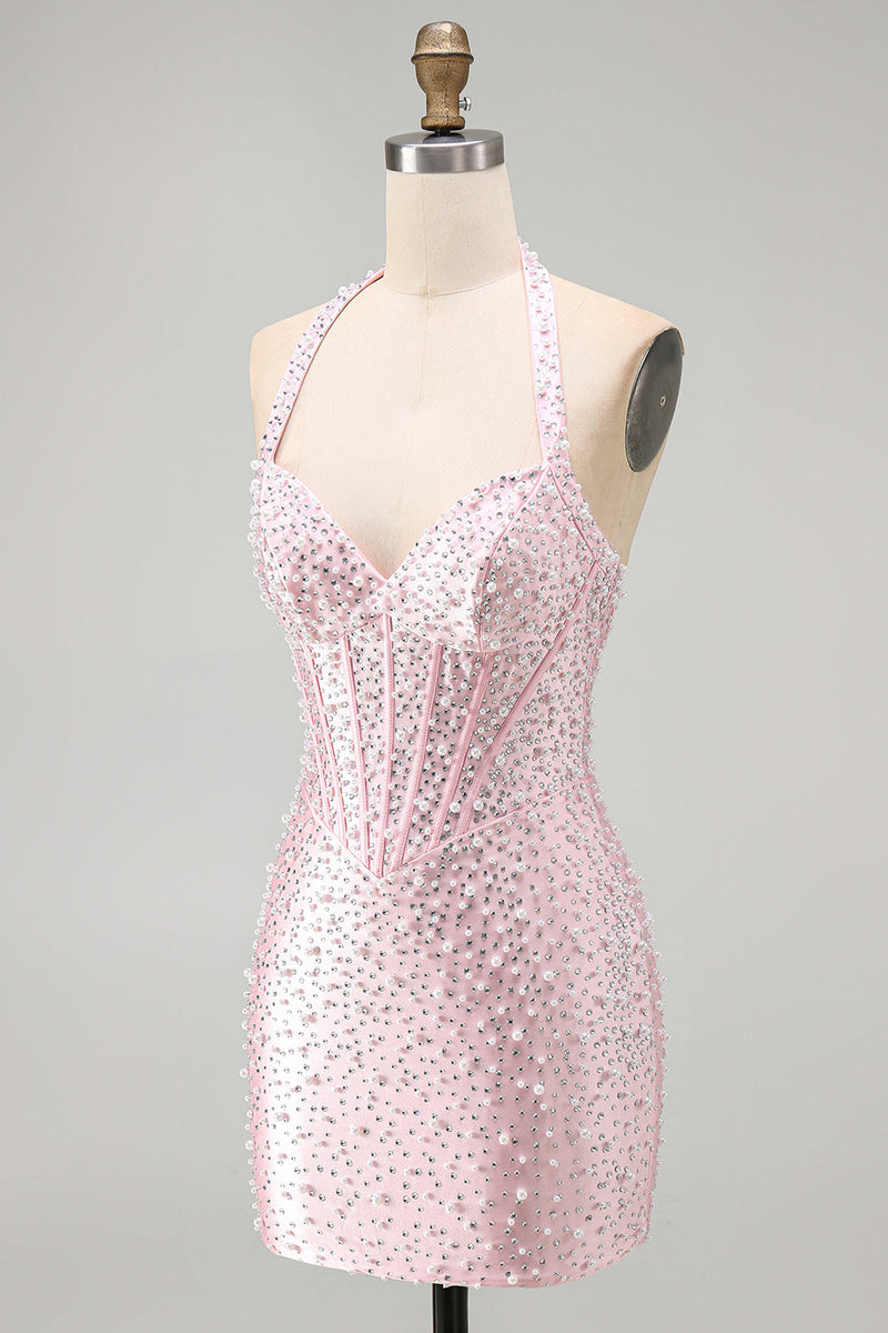 Laden Sie das Bild in den Galerie-Viewer, Rosa Bodycon Halter Perlen Rückenloses Korsett Kurzes Homecoming-Kleid mit Perlen