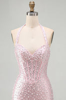 Laden Sie das Bild in den Galerie-Viewer, Rosa Bodycon Halter Perlen Rückenloses Korsett Kurzes Homecoming-Kleid mit Perlen