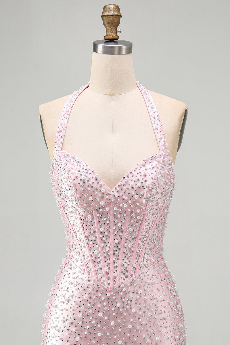 Laden Sie das Bild in den Galerie-Viewer, Rosa Bodycon Halter Perlen Rückenloses Korsett Kurzes Homecoming-Kleid mit Perlen