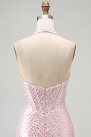 Laden Sie das Bild in den Galerie-Viewer, Rosa Bodycon Halter Perlen Rückenloses Korsett Kurzes Homecoming-Kleid mit Perlen