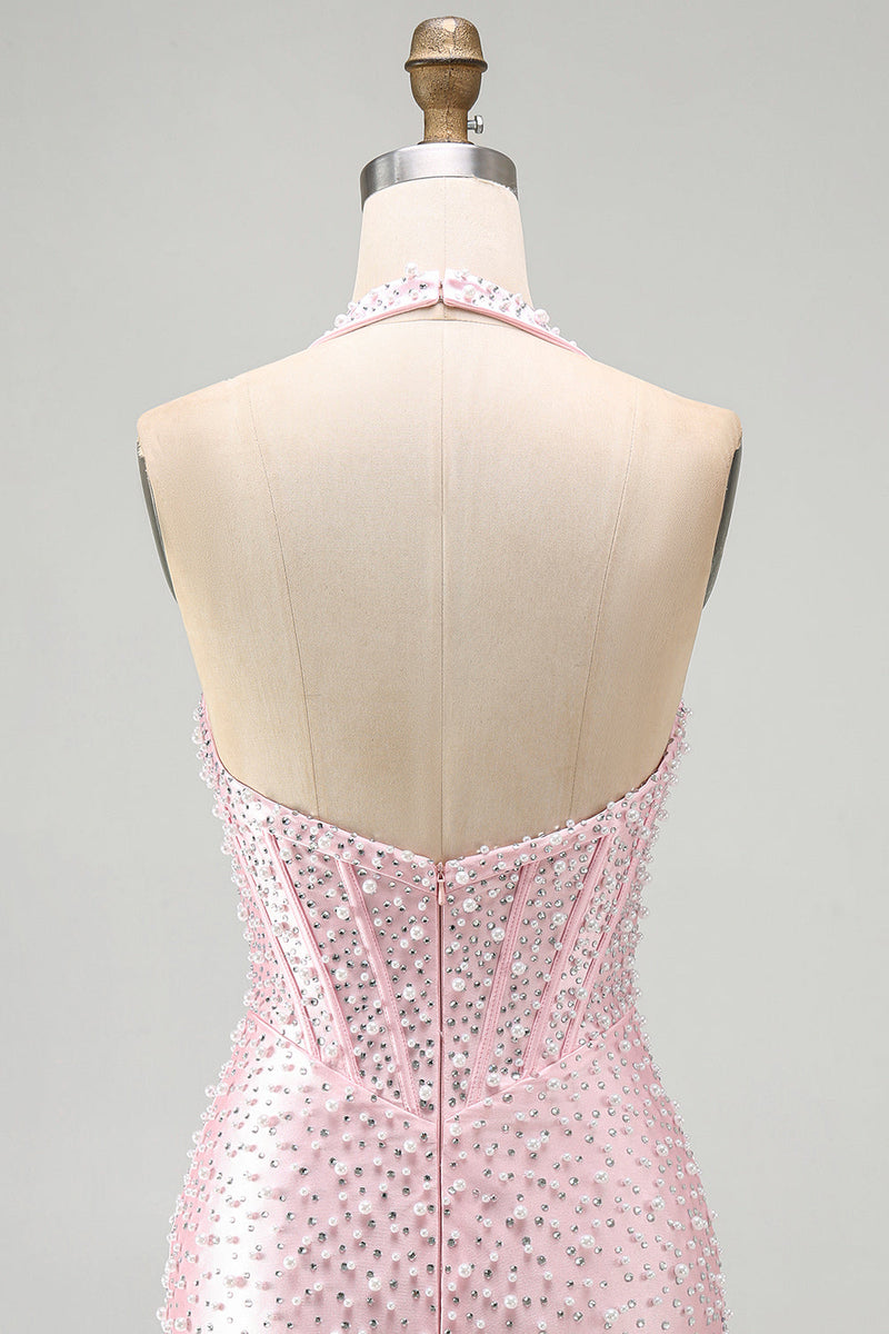 Laden Sie das Bild in den Galerie-Viewer, Rosa Bodycon Halter Perlen Rückenloses Korsett Kurzes Homecoming-Kleid mit Perlen