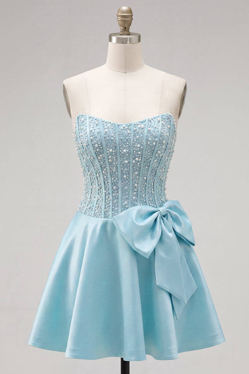 Laden Sie das Bild in den Galerie-Viewer, Gelbes Sweetheart A-Line Pearls Korsett-Heimkehrkleid mit Schleife