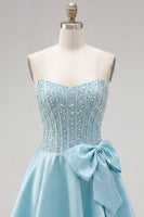 Laden Sie das Bild in den Galerie-Viewer, Gelbes Sweetheart A-Line Pearls Korsett-Heimkehrkleid mit Schleife