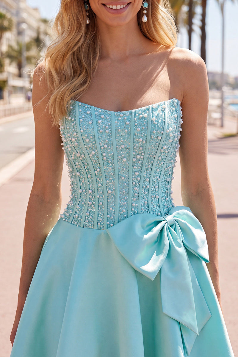 Laden Sie das Bild in den Galerie-Viewer, Gelbes Sweetheart A-Line Pearls Korsett-Heimkehrkleid mit Schleife