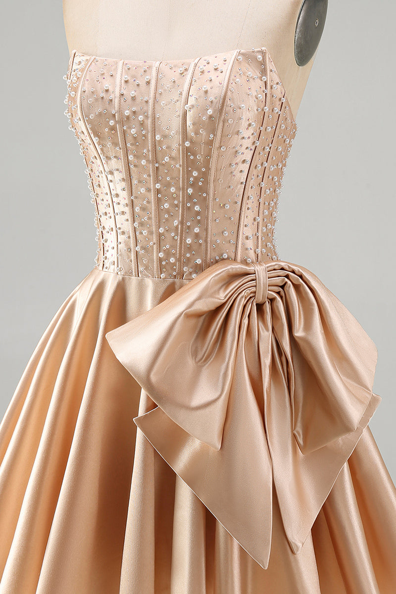 Laden Sie das Bild in den Galerie-Viewer, Gelbes Sweetheart A-Linie Pearls Korsett Kurzes Abendkleid mit Schleife