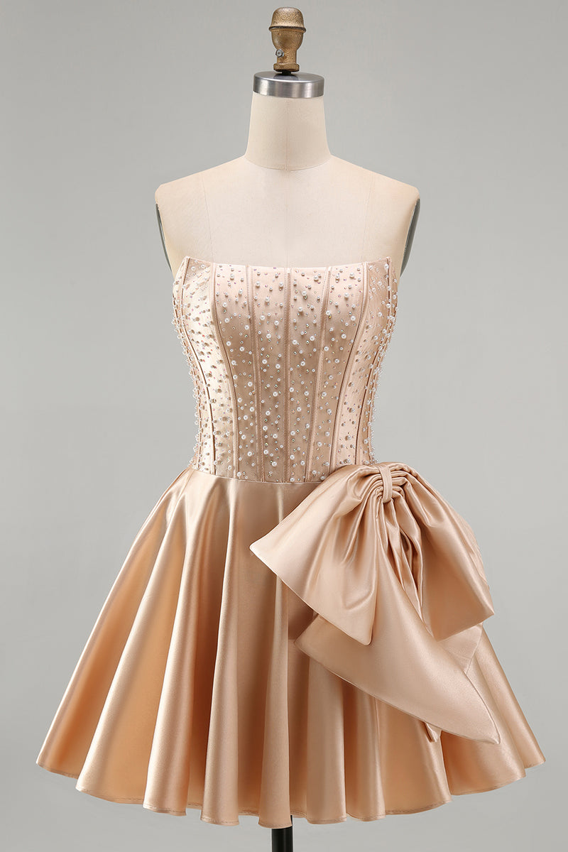 Laden Sie das Bild in den Galerie-Viewer, Gelbes Sweetheart A-Linie Pearls Korsett Kurzes Abendkleid mit Schleife