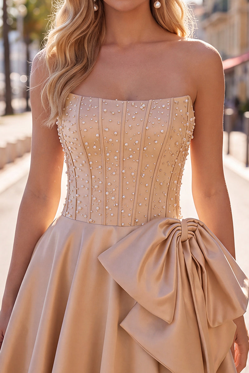 Laden Sie das Bild in den Galerie-Viewer, Gelbes Sweetheart A-Linie Pearls Korsett Kurzes Abendkleid mit Schleife