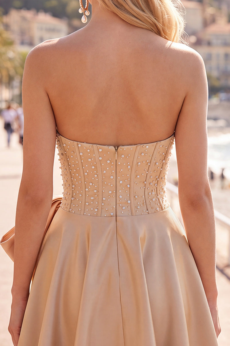 Laden Sie das Bild in den Galerie-Viewer, Gelbes Sweetheart A-Linie Pearls Korsett Kurzes Abendkleid mit Schleife