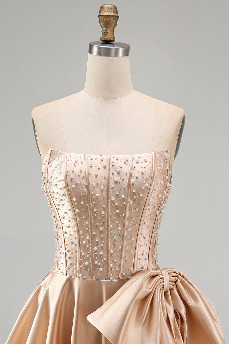 Laden Sie das Bild in den Galerie-Viewer, Gelbes Sweetheart A-Linie Pearls Korsett Kurzes Abendkleid mit Schleife
