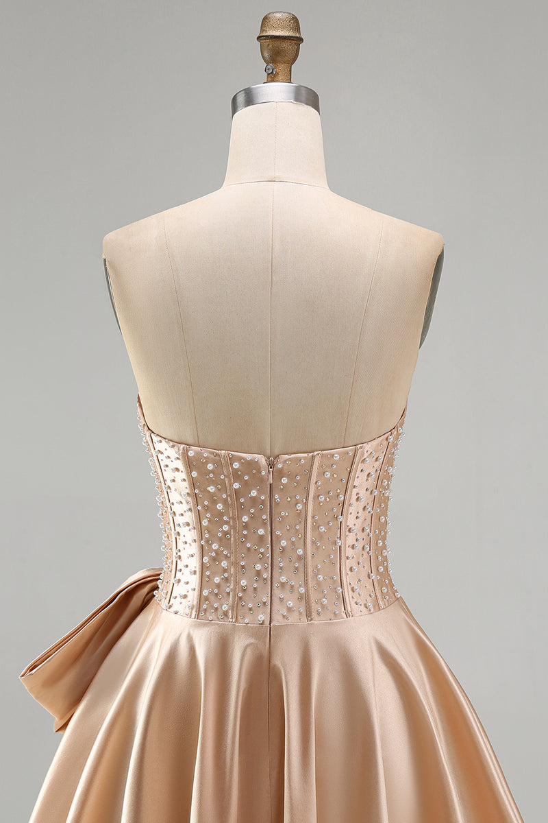 Laden Sie das Bild in den Galerie-Viewer, Gelbes Sweetheart A-Linie Pearls Korsett Kurzes Abendkleid mit Schleife