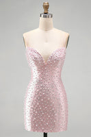 Laden Sie das Bild in den Galerie-Viewer, Rosa Bodycon Spaghetti-Träger und perlenbesetztes kurzes Homecoming-Kleid