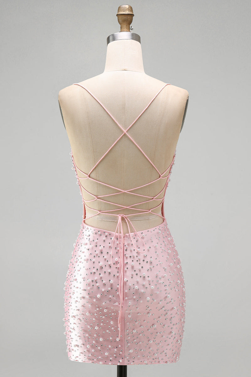 Laden Sie das Bild in den Galerie-Viewer, Rosa Bodycon Spaghetti-Träger und perlenbesetztes kurzes Homecoming-Kleid