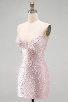 Laden Sie das Bild in den Galerie-Viewer, Rosa Bodycon Spaghetti-Träger und perlenbesetztes kurzes Homecoming-Kleid