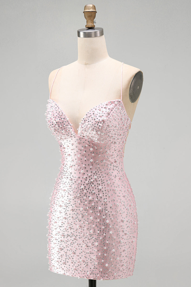 Laden Sie das Bild in den Galerie-Viewer, Rosa Bodycon Spaghetti-Träger und perlenbesetztes kurzes Homecoming-Kleid