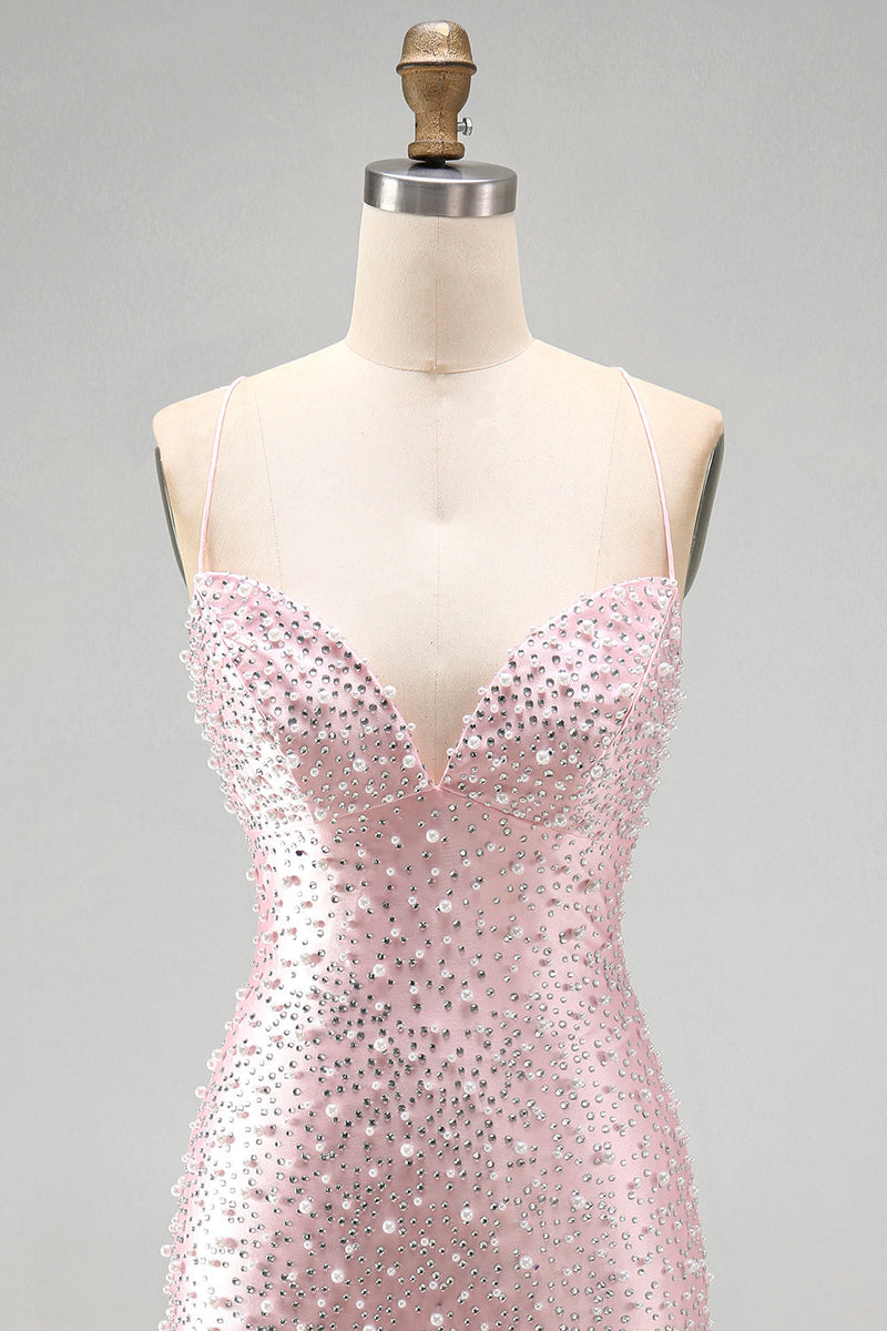 Laden Sie das Bild in den Galerie-Viewer, Rosa Bodycon Spaghetti-Träger und perlenbesetztes kurzes Homecoming-Kleid