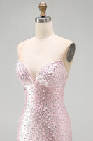 Laden Sie das Bild in den Galerie-Viewer, Rosa Bodycon Spaghetti-Träger und perlenbesetztes kurzes Homecoming-Kleid