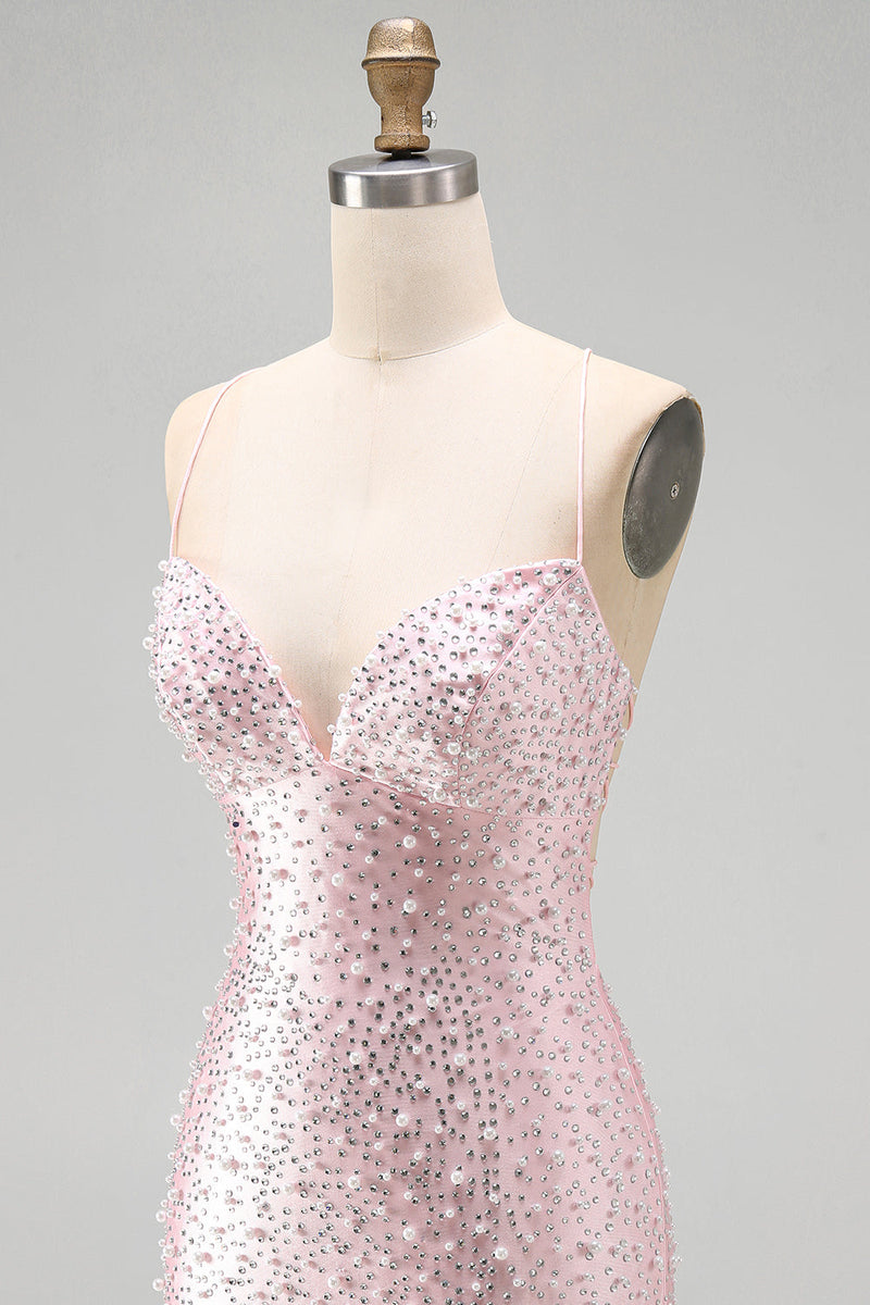 Laden Sie das Bild in den Galerie-Viewer, Rosa Bodycon Spaghetti-Träger und perlenbesetztes kurzes Homecoming-Kleid
