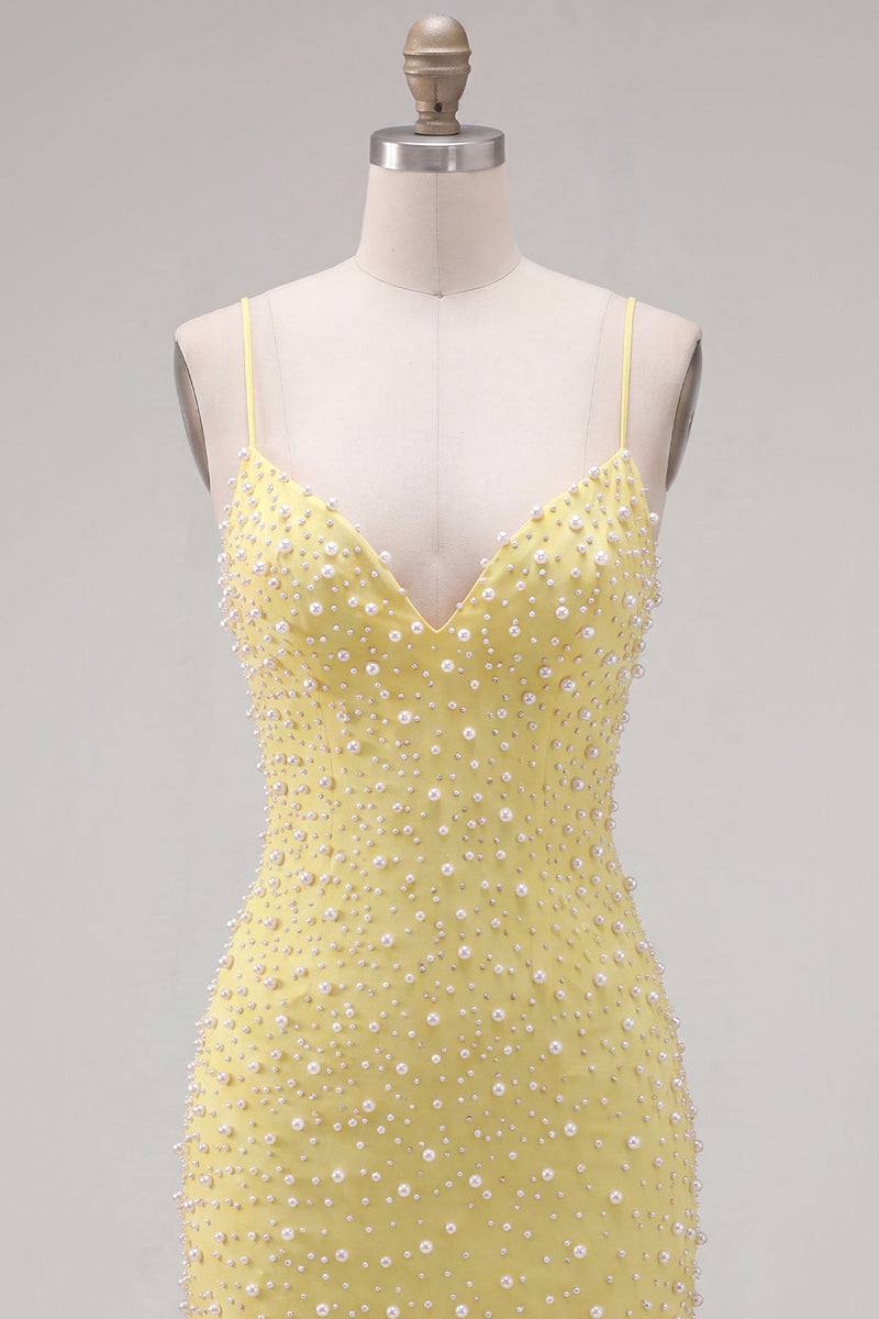 Laden Sie das Bild in den Galerie-Viewer, Gelbe Perlen, Spaghettiträger, enges Homecoming-Kleid mit Schnürung hinten