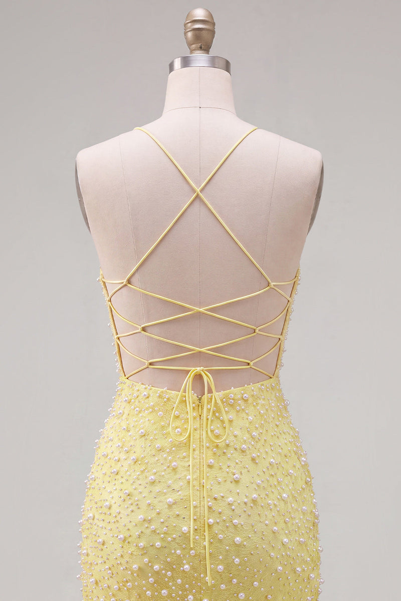 Laden Sie das Bild in den Galerie-Viewer, Gelbe Perlen, Spaghettiträger, enges Homecoming-Kleid mit Schnürung hinten