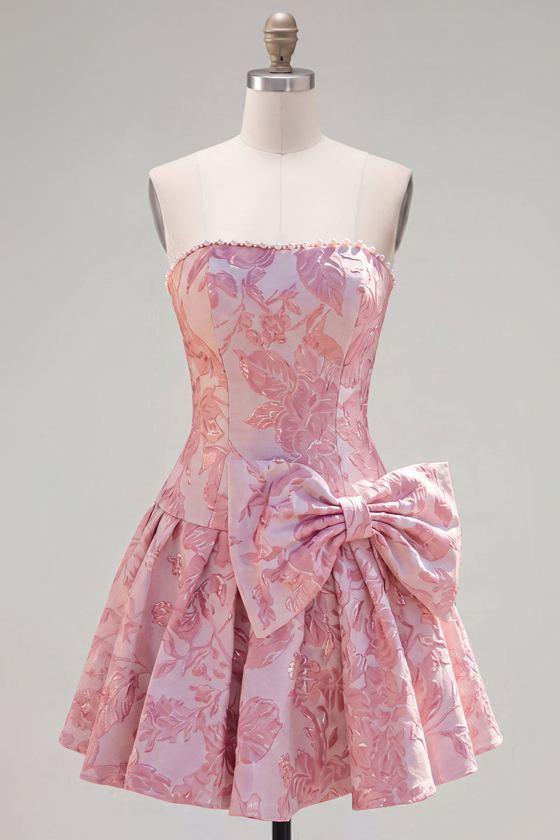 Laden Sie das Bild in den Galerie-Viewer, Trägerloses lila A-Line Pearls Jacquard Homecoming-Kleid mit Schleife
