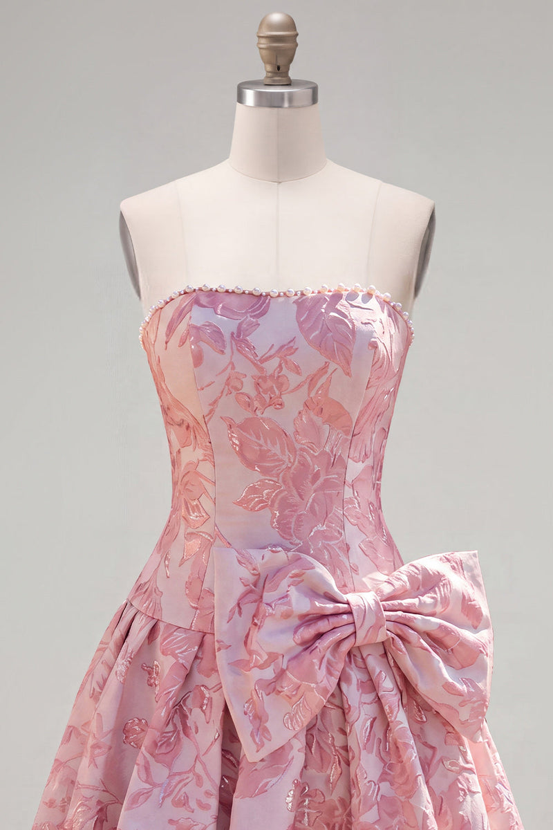 Laden Sie das Bild in den Galerie-Viewer, Trägerloses lila A-Line Pearls Jacquard Homecoming-Kleid mit Schleife