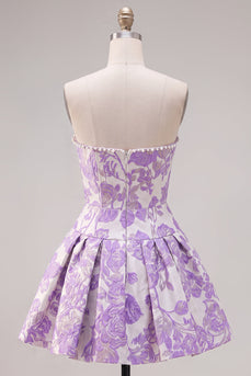 Trägerloses Lila A-Linie Pearls Jacquard Kurzes Abendkleid mit Schleife