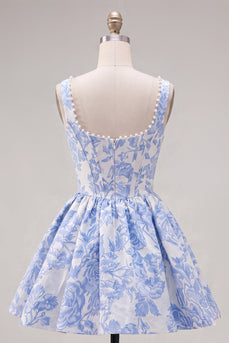 A-Linie Blaues Perlen Jacquard Korsett Kurzes Abendkleid mit quadratem Ausschnitt