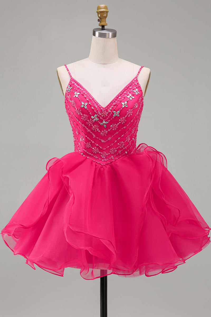 Laden Sie das Bild in den Galerie-Viewer, A-Linie Hot Pink Rhinestone Rüschen Kurzes Abendkleid mit Perlen