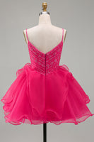 Laden Sie das Bild in den Galerie-Viewer, A-Linie Hot Pink Rhinestone Rüschen Kurzes Abendkleid mit Perlen