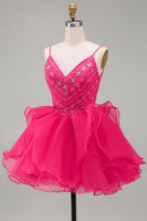 Laden Sie das Bild in den Galerie-Viewer, A-Linie Hot Pink Rhinestone Rüschen Kurzes Abendkleid mit Perlen