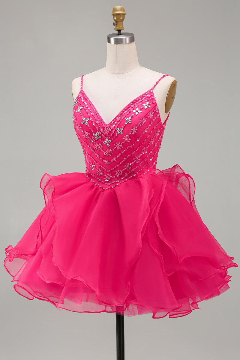 Laden Sie das Bild in den Galerie-Viewer, A-Linie Hot Pink Rhinestone Rüschen Kurzes Abendkleid mit Perlen