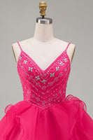 Laden Sie das Bild in den Galerie-Viewer, A-Linie Hot Pink Rhinestone Rüschen Kurzes Abendkleid mit Perlen