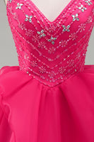 Laden Sie das Bild in den Galerie-Viewer, A-Linie Hot Pink Rhinestone Rüschen Kurzes Abendkleid mit Perlen