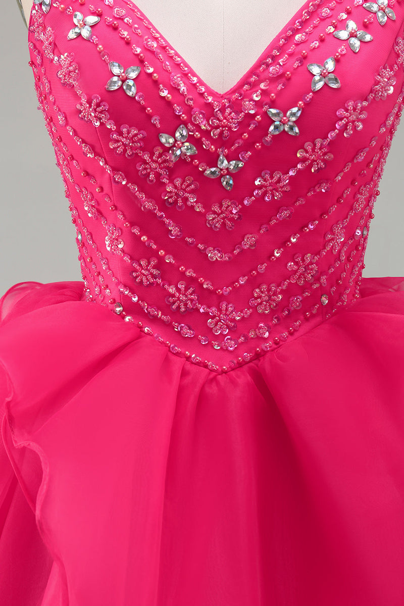 Laden Sie das Bild in den Galerie-Viewer, A-Linie Hot Pink Rhinestone Rüschen Kurzes Abendkleid mit Perlen