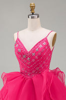 Laden Sie das Bild in den Galerie-Viewer, A-Linie Hot Pink Rhinestone Rüschen Kurzes Abendkleid mit Perlen