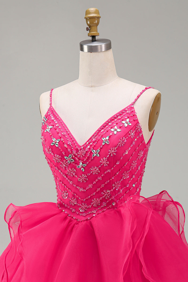 Laden Sie das Bild in den Galerie-Viewer, A-Linie Hot Pink Rhinestone Rüschen Kurzes Abendkleid mit Perlen