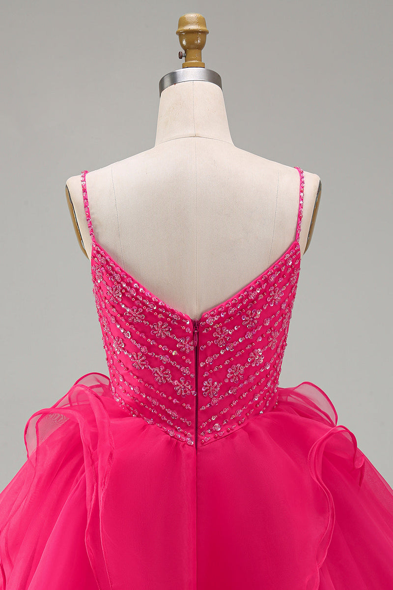 Laden Sie das Bild in den Galerie-Viewer, A-Linie Hot Pink Rhinestone Rüschen Kurzes Abendkleid mit Perlen