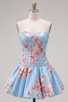 Laden Sie das Bild in den Galerie-Viewer, Satin A-Line blaues Sweetheart Blumenkorsett Homecoming-Kleid
