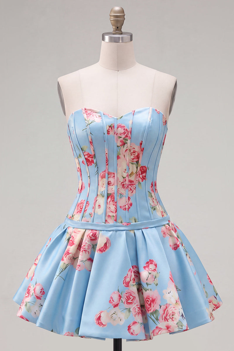 Laden Sie das Bild in den Galerie-Viewer, Satin A-Line blaues Sweetheart Blumenkorsett Homecoming-Kleid