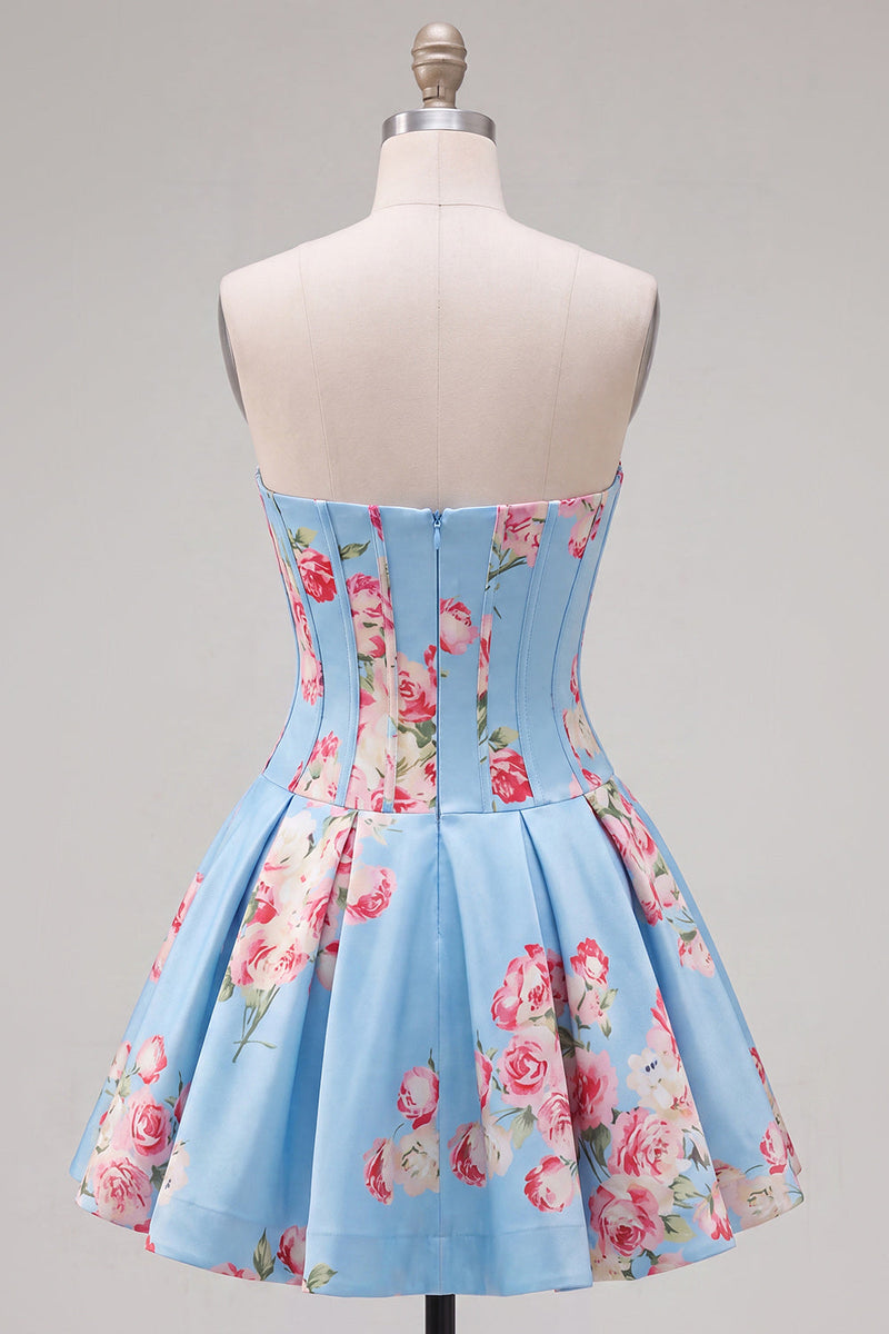 Laden Sie das Bild in den Galerie-Viewer, Satin A-Line blaues Sweetheart Blumenkorsett Homecoming-Kleid