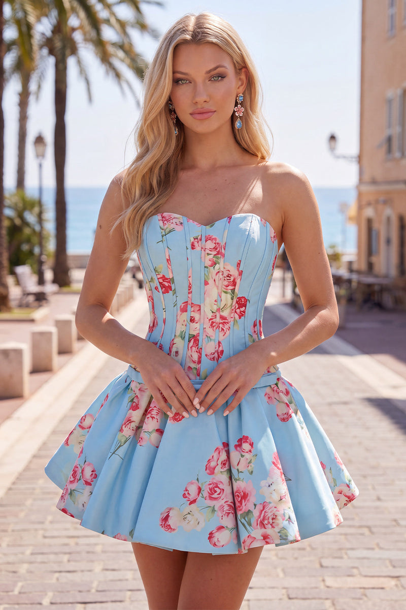 Laden Sie das Bild in den Galerie-Viewer, Satin A-Line blaues Sweetheart Blumenkorsett Homecoming-Kleid